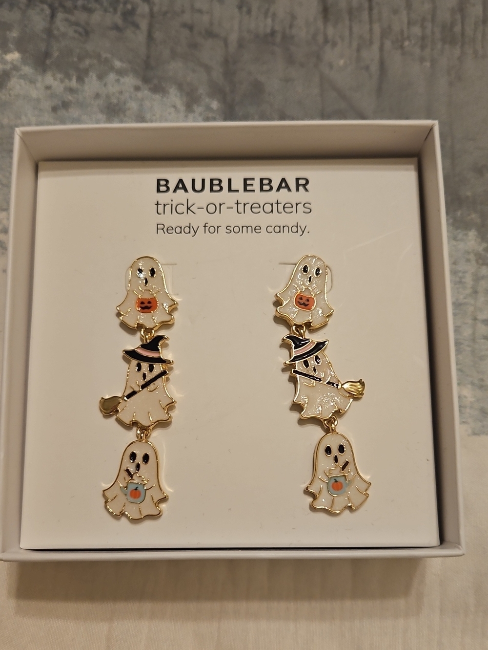 NWT BaubleBar Trick-or-Treaters Ghost Drop Earrings Halloween Enamel
